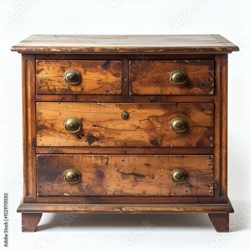Chest of drawers vintage wooden cabinet with brass handles and aged texture on white background photo