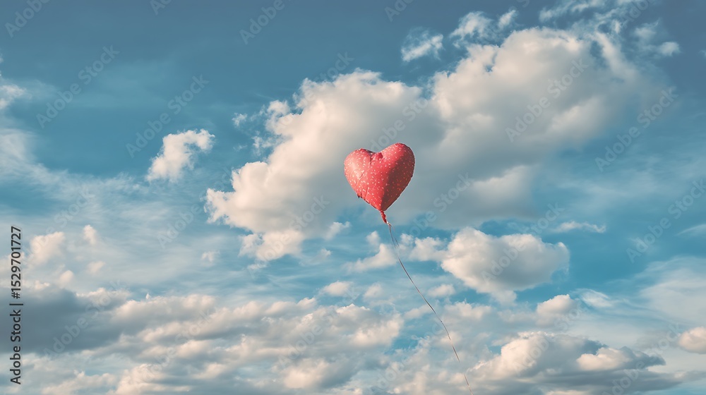 Fototapeta premium Heart-shaped balloon floating in a blue sky with clouds, symbolizing love and romance .