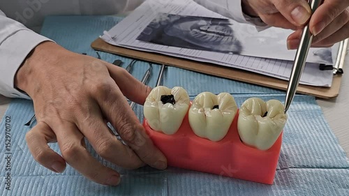 Dental demonstration of cavity filling technique using tooth models at a training session
