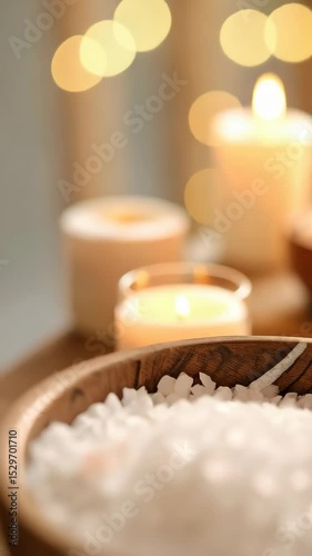 Relaxing spa scene with aromatic bath salts in a wooden bowl, glowing candles, soft light, and bokeh for wellness and self-care moments.