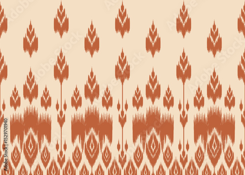 Bohemian vertical ikat pattern in terracotta on cream, featuring hand-drawn ethnic motifs, perfect for fabric printing, wall coverings, slow fashion, artisan home decor, and craft product designs