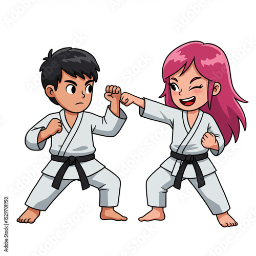 Cartoon Teenage Boy and Girl Practicing Karate Vector Illustration