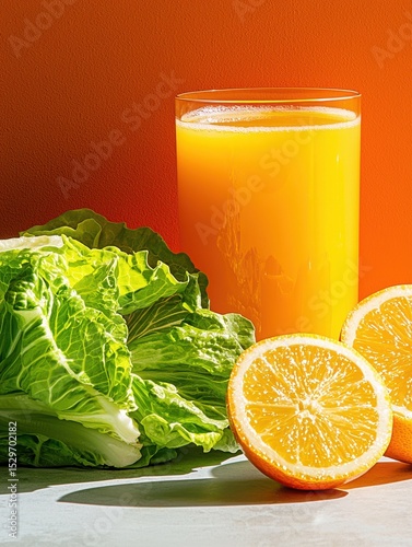 Fresh Orange Juice with Lettuce and Sliced Oranges on a Vibrant Background
