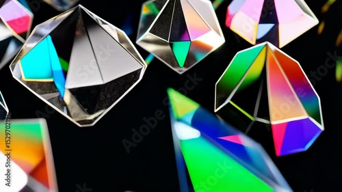 Abstract crystal prisms scattering light, creating vibrant rainbow spectrum colors against a dark background for optical effects