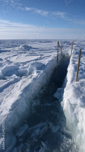 A long, narrow channel cut through a flat, icy, snowy landscape under a clear blue sky with wooden poles lining the channel.