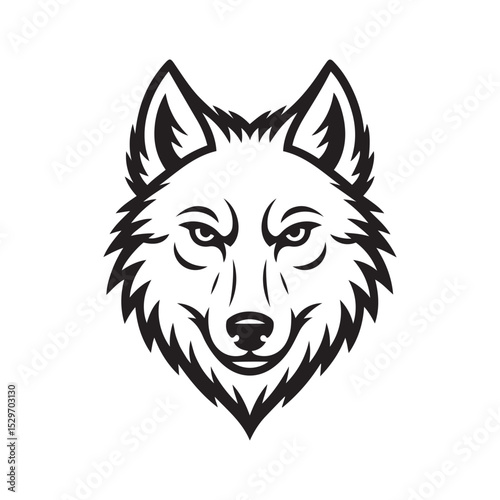  a bold black outline vector illustration of wolf head on white background.