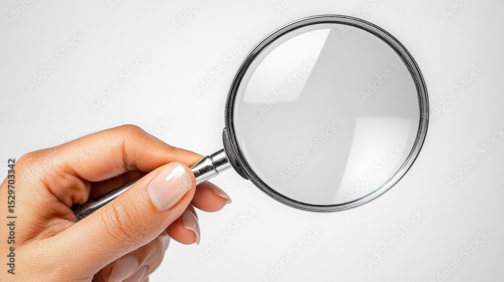 Hand holding magnifying glass on white background Hand holding magnifying glass on white background