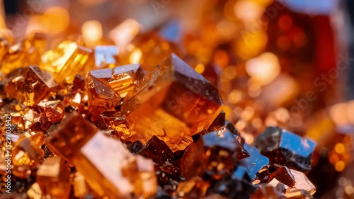 Close-up of Orange Metallic Crystal Cluster Displaying Facets and Reflections, Mineral Specimen Details