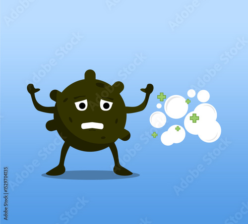 Illustration of antiseptic foam, a bacteria scared of hygiene bubble