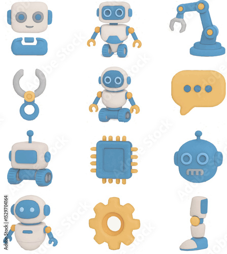 Clay Style Robot 3D Icons Set - Cute Cartoon AI and Robotics Illustration