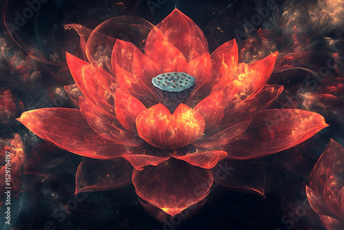 Artistic red lotus flower blossom reveals intricate fractal patterns on a dark and cosmic background