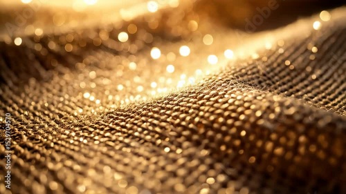 Elegant golden fabric with a textured surface, illuminated by shimmering bokeh lights creating a luxurious and warm abstract background.