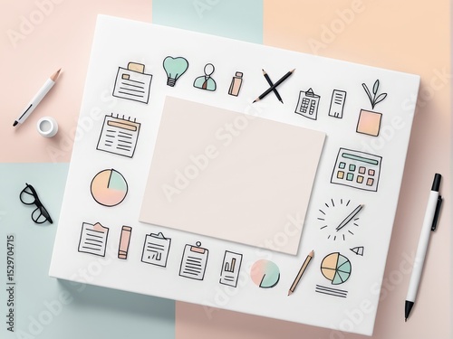 mock up of a blank sheet paper, pencil, pen, pencil on white background. flat lay, top view,