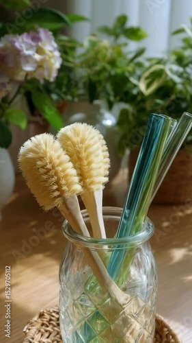Close-up shot capturing cleaning brushes and colorful glass straws soaking in a textured glass jar on a woven placemat with floral decor