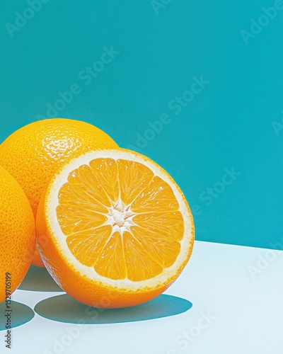 Freshly Sliced Orange with Whole Oranges on a Bright Background