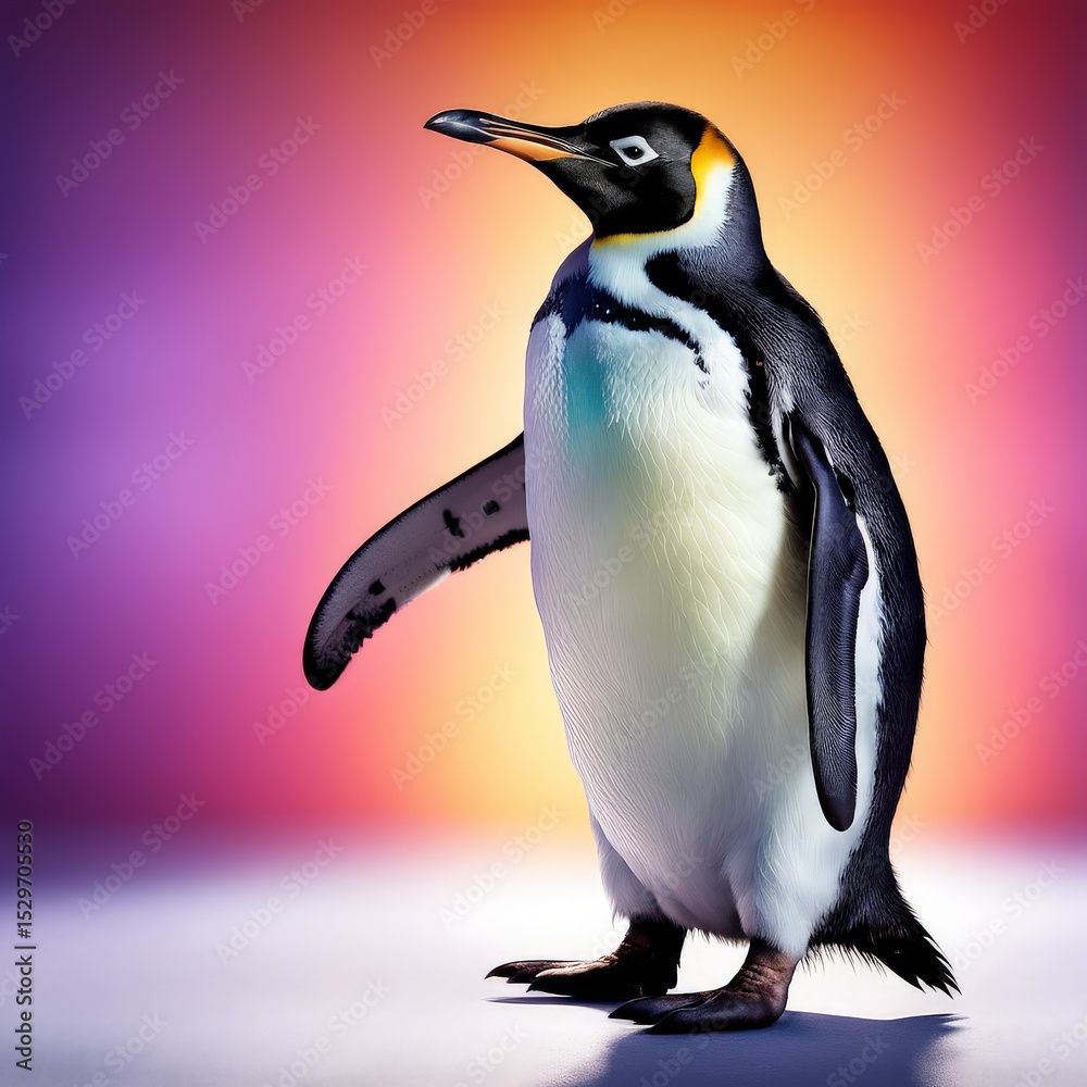 Fototapeta premium penguin on a black background with the sun