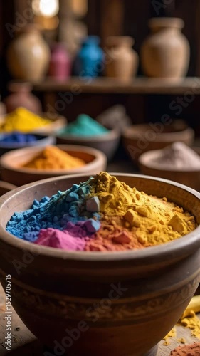 Vibrant natural earth pigment powders in wooden bowls, featuring yellow, pink, blue, and orange colors in a rustic setting.