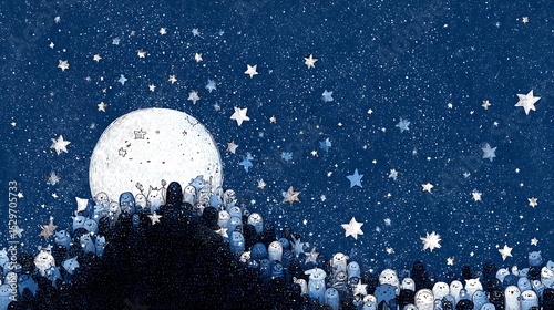 magical celestial illustration, creative moon doodle painting stars in the sky, with a whimsical variety of star characters observing, an enchanting illustration for a celestial .