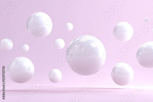 Floating pearlescent spheres, a minimalist arrangement in a gradient, soft pastel hue evokes feelings of purity, and a sense of calm.
