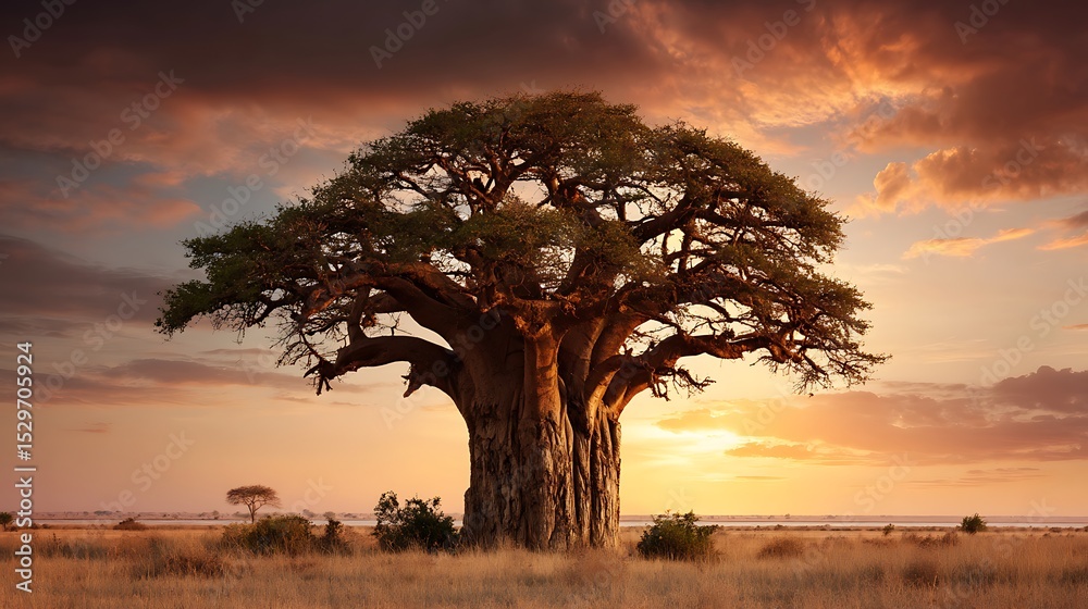 Obraz premium Majestic baobab tree in african savanna against warm sunset sky .