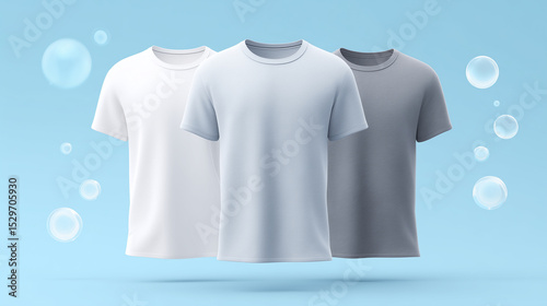 Three t-shirts of different gray shades float on a blue gradient, surrounded by bubbles, presenting a clean and modern style.