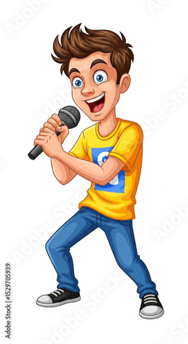 Cartoon Young Man Singing Karaoke with Microphone Vector Illustration