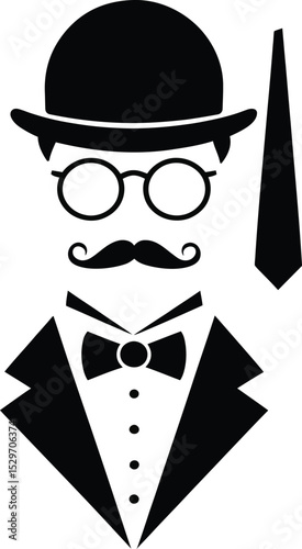 A whimsical illustration of a dapper gentleman, complete with a top hat, monocle, and mustache. The minimalist design combines classic elements with a playful flair.