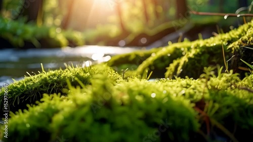 Sunlit woodland stream cascades past vibrant green mossy rocks, showcasing a tranquil natural landscape and peaceful waterflow