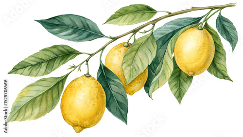 Bright yellow watercolor lemons hanging on a leafy green branch, hand-painted citrus fruit illustration, isolated on transparent background, perfect for fresh branding and summer packaging.