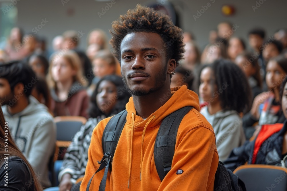 Fototapeta premium A striking image of a focused young student amidst a sea of peers, conveying a solemn yet determined attitude in a classroom or seminar setting.