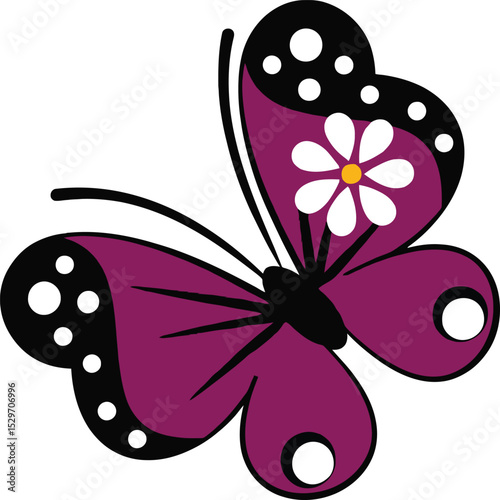 A vibrant illustration of a butterfly adorned with polka dots and a flower detail. The colorful design captures the beauty and whimsy of nature, making it a delightful addition to any artistic project