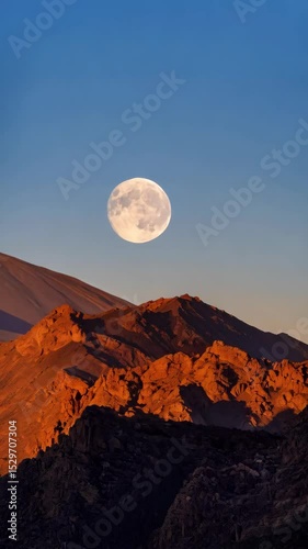 Dramatic view of a full moon rising over rugged mountains, creating a scenic landscape at dusk with warm, golden light.