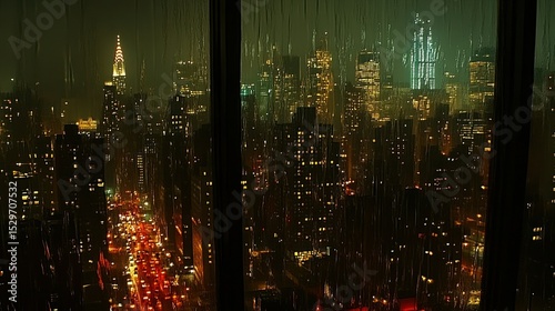 Rainy city lights through window