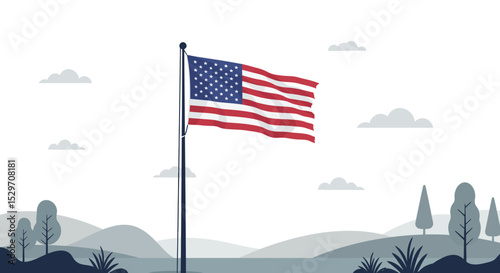 Celebrating 4th of July USA Independence Day, American Flag, Patriotic Landscape Illustration
