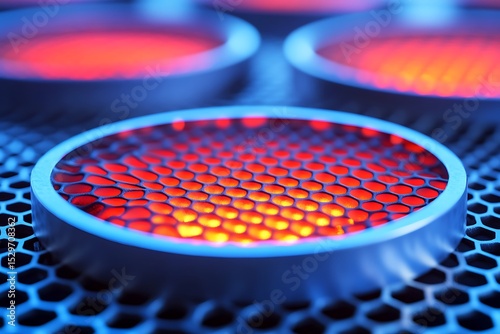 Abstract honeycomb structure illuminated with intense warm, vibrant colors
