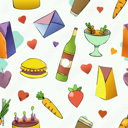 Colorful seamless vector pattern with food, drinks, desserts, wine, romantic elements, and gifts. Perfect for party, celebration, packaging, wrapping paper, or festive decoration