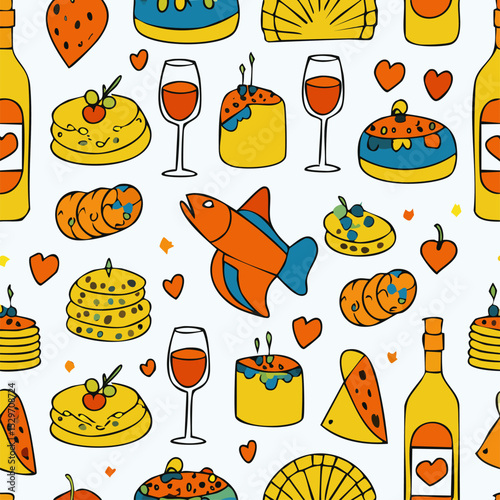 Colorful seamless vector pattern with food, drinks, desserts, wine, romantic elements, and gifts. Perfect for party, celebration, packaging, wrapping paper, or festive decoration