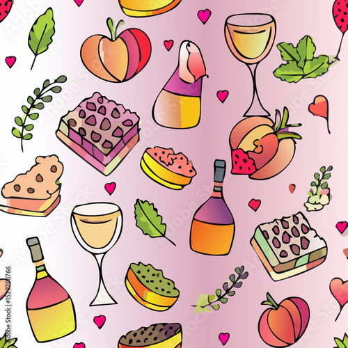 Colorful seamless vector pattern with food, drinks, desserts, wine, romantic elements, and gifts. Perfect for party, celebration, packaging, wrapping paper, or festive decoration