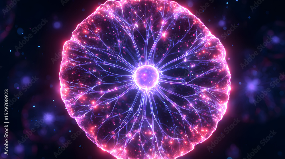 Fototapeta premium Glowing plasma sphere with electric energy lines radiating from center, vibrant purple and pink colors, abstract science and technology background
