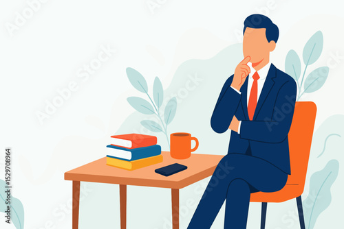 CEO thinking pose at office desk modern flat vector illustration for personal branding and digital marketing
