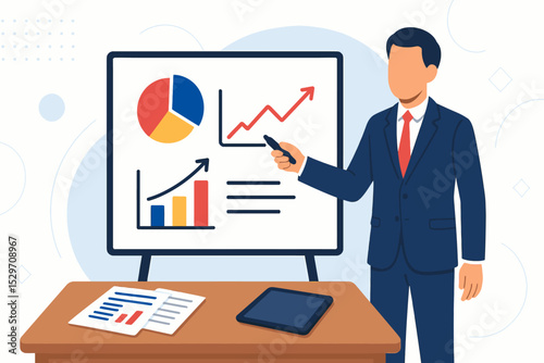 CEO presenting data on whiteboard modern flat vector illustration for leadership training and startup pitch