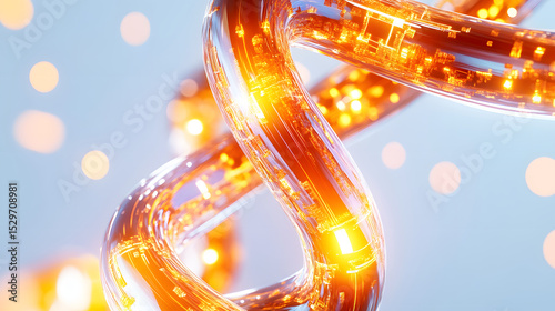 Futuristic digital DNA helix with glowing orange particles, transparent structure, and circuit like patterns on white background, symbolizing innovation and technology