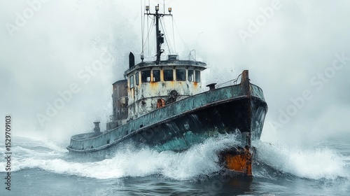 An old weathered tugboat braves the choppy waters, battling the waves and mist.