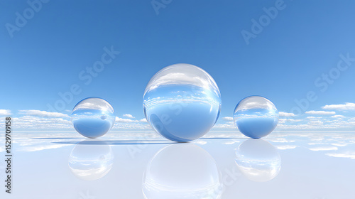 Floating orbs with embedded data reflect clear blue sky and clouds, creating futuristic and serene environment with smooth surfaces and bright lighting