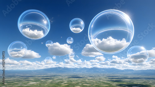 Floating transparent orbs with embedded data reflections hover above clear landscape, blue sky and clouds, creating futuristic and surreal atmosphere