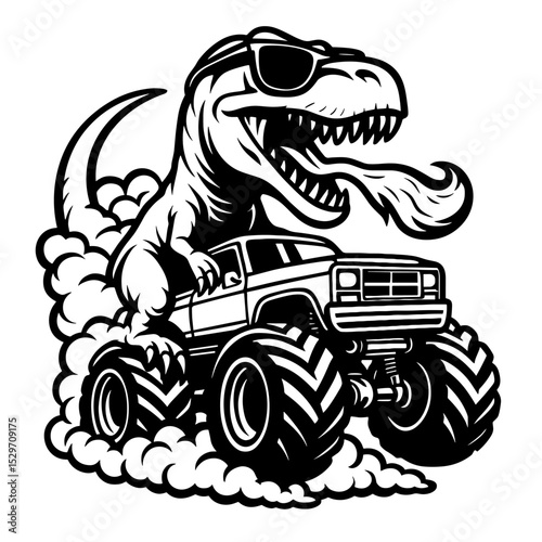 Tribal black silhouette monster truck cartoon vector illustration with dinosaur head and wild animal emblem design