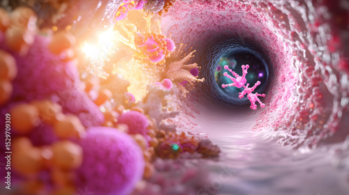 Microscopic view of medical nanobot swarming inside tissue cell structure, vibrant colors, futuristic technology, healthcare innovation, glowing light, scientific concept