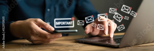 A person using a phone and laptop with important emails displayed.