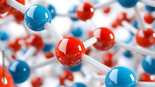3D molecular structure with red and blue atoms connected by white bonds, representing scientific concept in biotechnology, chemistry, or nanotechnology