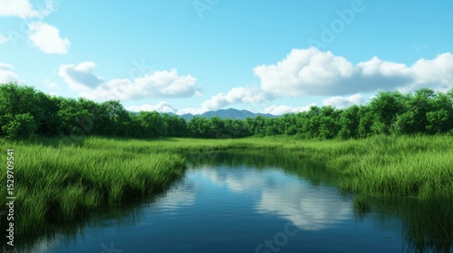 A serene landscape featuring a calm river bordered by lush greenery and trees under a clear blue sky with fluffy clouds, Ideal for themes of nature, tranquility, or environmental projects,